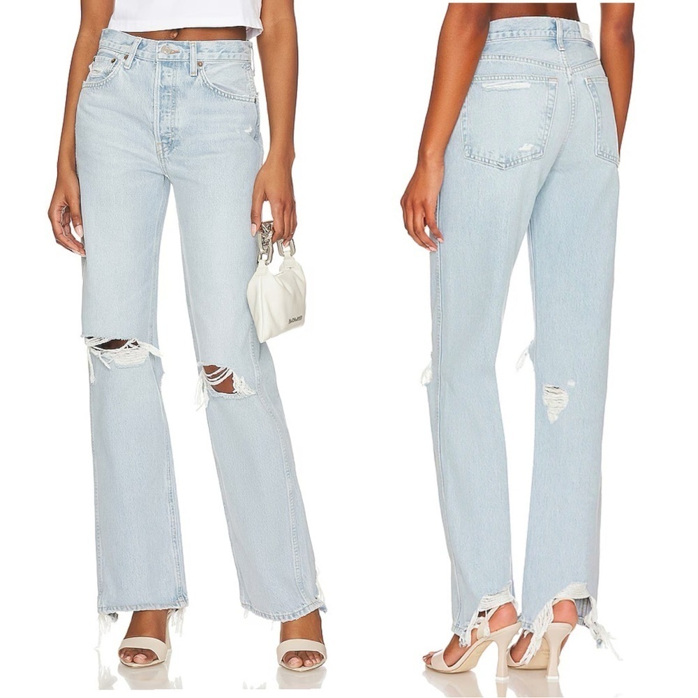 Re/Done Light Wash Distressed Straight-Leg Jeans